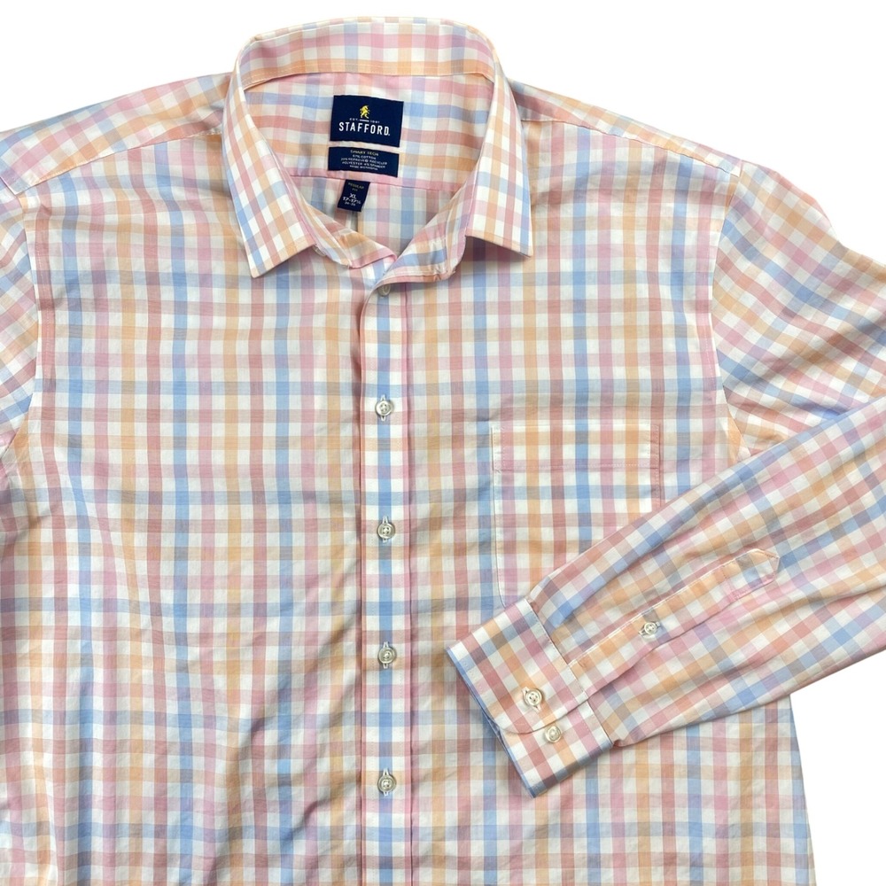 Stafford Smart Tech Dress Shirt Men XL 17-17.5 Pink Blue Orange Plaid Stretch